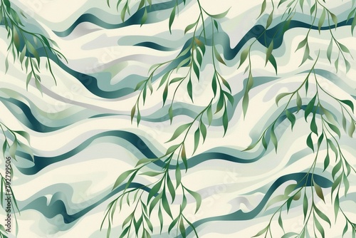 Seamless pattern with willow branches and winding river.