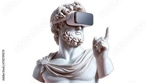 Marble statue with VR headset pointing upwards, illustrating the fusion of classic art and virtual technology, suitable for tech and art sectors