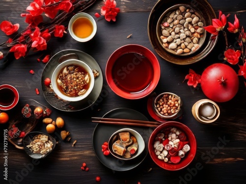 Table with Chinese snacks on Chinese holiday. Red, white and black plates, decorations on the table. Food, sake and chopsticks. Copy space. Top view.