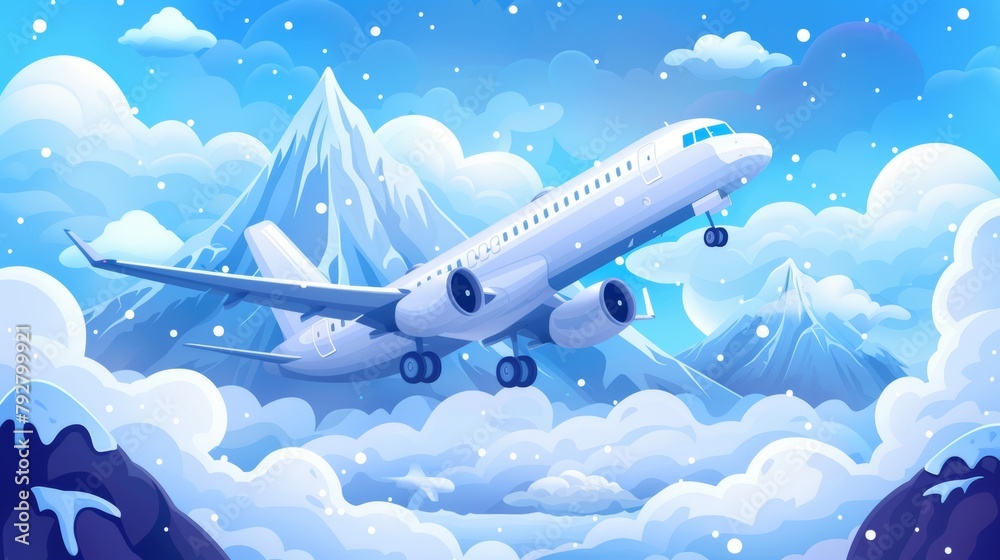 Flying airplane on cloudy background with rock and white fluffy clouds. Concept of passenger aircraft flight, commercial aviation. Modern cartoon illustration of a flying airplane.