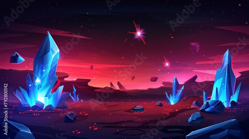 Space game background with desert cracked ground surface with blue crystals and red rocks, flying stone and cosmic dust, glowing star in sky cartoon modern illustration. photo