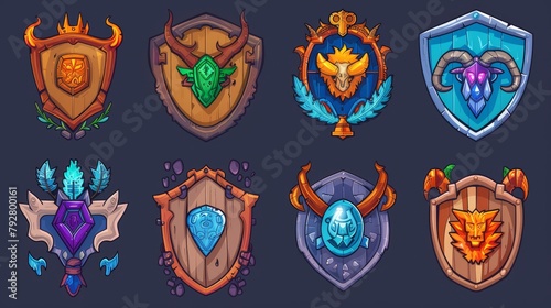 Modern set with cartoon avatar frames, levels UI icons, wooden shields and banners with animal shapes with wings and horns. Award, trophy achievement and prize graphics for role playing games.