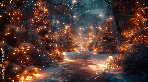 A magical Merry Christmas background with a snow-covered forest  illuminated by colorful lights and lanterns  creating a fairy tale-like atmosphere.