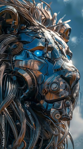 Capture the robotic lions electric blue eyes in startling closeup, juxtaposed against a metal mane glistening in the sun, merging futuristic tech with primal allure, digital rendering techniques, 3D i