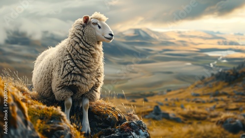 Majestic sheep on a hillside, array of soft woolen products in view