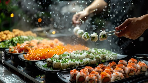 A person is preparing sushi on a buffet table with chopsticks, AI
