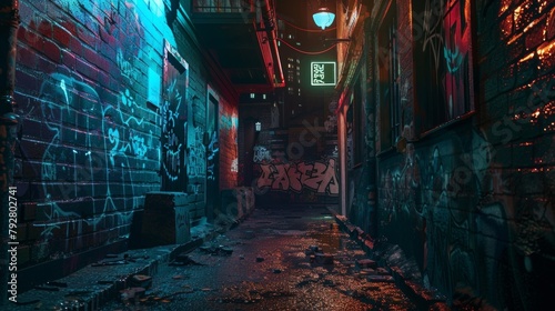 Softly lit alleys filled with graffiti and neon hues adding a touch of urban flair to any design project. . photo