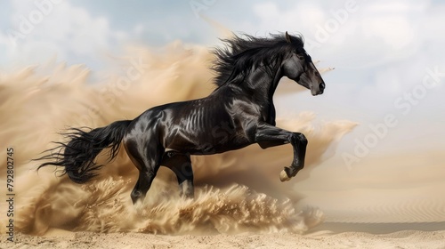 Create a visual representation of a wild black stallion in a spirited run across the desert