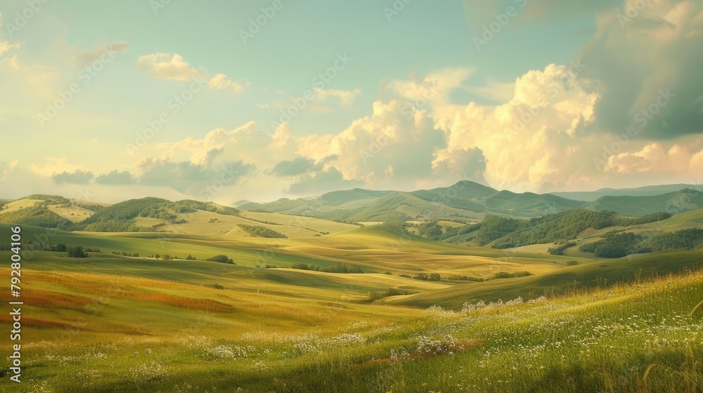A tranquil countryside scene, where rolling hills meet the endless expanse of the sky, a timeless portrait of rural serenity.