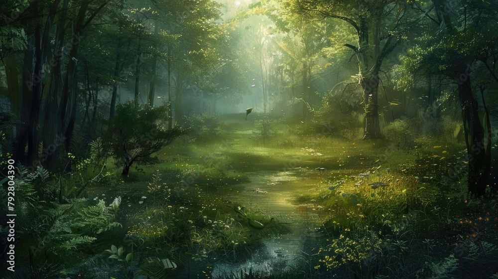 A tranquil forest clearing bathed in the soft light of dawn, a haven of peace and solitude amidst the chaos of the world.