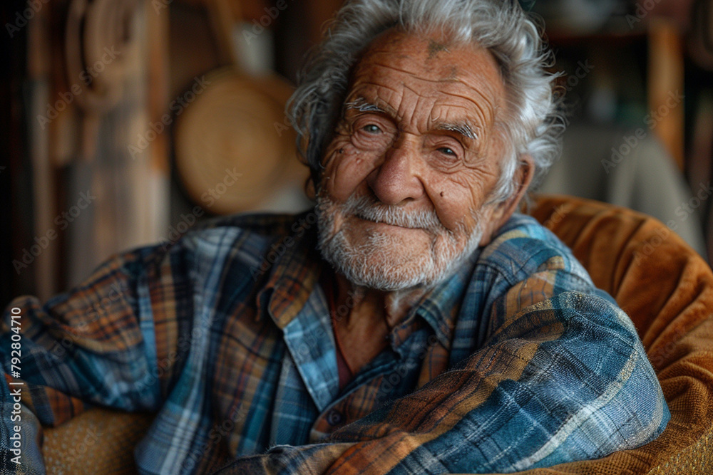 An elderly man with a proud smile, puffing out his chest with satisfaction at a lifetime of accomplishments