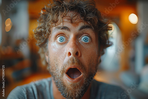 A man with a surprised expression, his eyes widening and mouth dropping open in shock