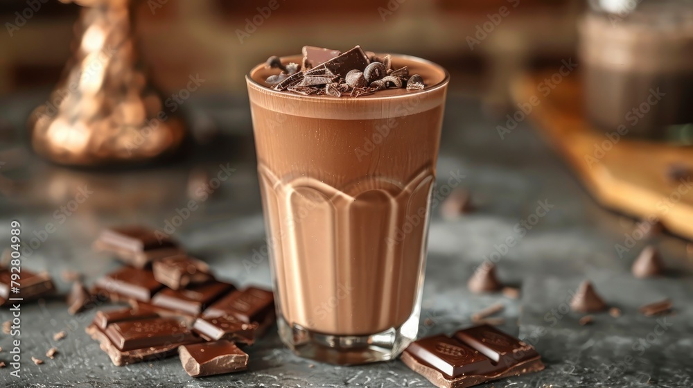 A glass of chocolate milk, its rich and creamy flavor evoking childhood memories, perfect for a nostalgic treat. - obrazy, fototapety, plakaty 