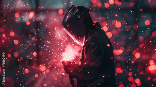 Welder silhouetted against stark neon lights fuses iron with fire each spark a ballet of bright fleeting connections. Generative ai.
