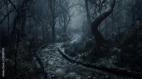 Blank mockup of a terrifying haunted trail winding through a dark forest with jump scares and hidden creatures. .