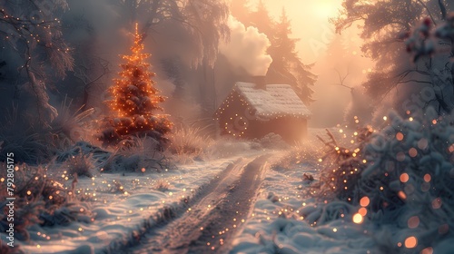 A rustic Merry Christmas background with a wooden cabin covered in snow  smoke rising from the chimney  and a path leading to a glowing Christmas tree.