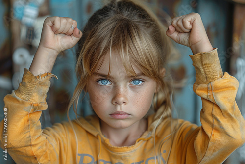 A child with a furrowed brow and clenched fists, expressing frustration and anger at something unfair photo