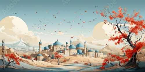 Illustration of Islamic city in a desert surrounded by mountains, big tree with red leaves on foreground. photo