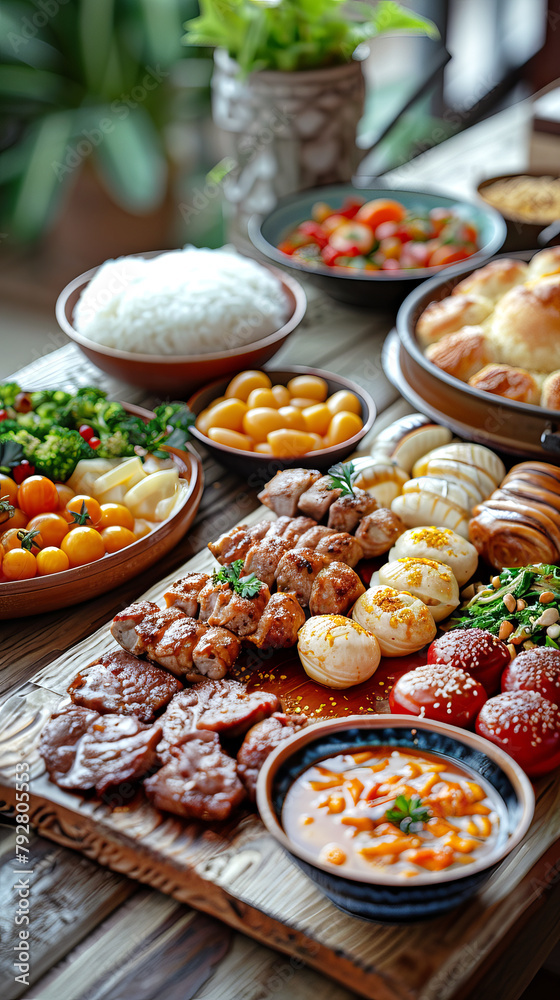 Festive table with traditional dishes for celebrating Eid al-Adha.