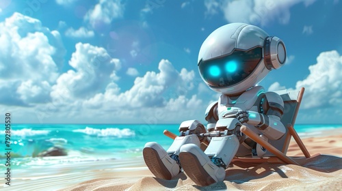 Cute white robot on beach with copy space © Spyrydon