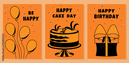 Set of birthday cards in yellow, orange and black, vector.