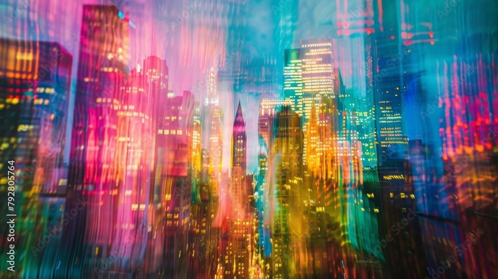 In this defocused photograph the city skyline is transformed into an abstract painting of vibrant colors and streaks of light representing the dynamic and everchanging nature of urban . In this defocused photograph the city skyline is transformed into an abstract painting of vibrant colors and streaks of light representing the dynamic and everchanging nature of urban .