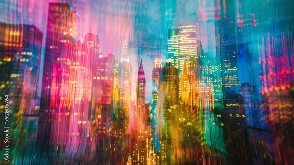 In this defocused photograph the city skyline is transformed into an abstract painting of vibrant colors and streaks of light representing the dynamic and everchanging nature of urban .