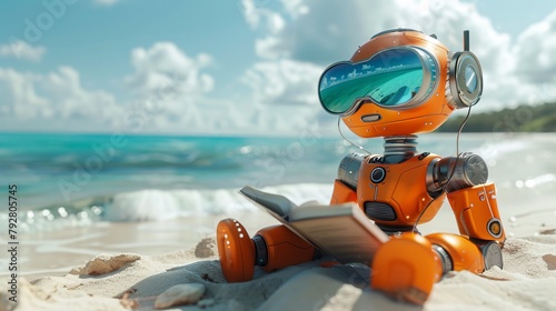 Cute robot reading book on beach  © Spyrydon
