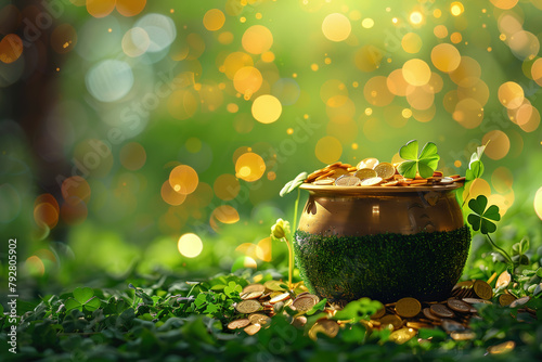 pot of gold and clover on the ground, surrounded in the style of scattered golden coins, St Patrick's Day celebration