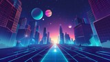 The Metaverse, virtual reality technology concept with digital city buildings. A futuristic virtual reality scene with a cityscape simulation accompanied by planets in the night sky. Modern cartoon