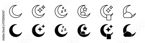 Crescent moon icon set. Sleep crescent with star light. Bedtime crescent with moonlight