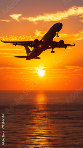 A plane is flying over the ocean at sunset