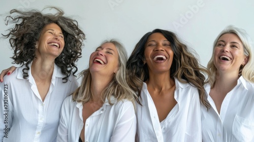 Four women are smiling and laughing together