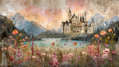 Whimsical panel wall art on marble illustrated with fairy tale castles and mythical flora