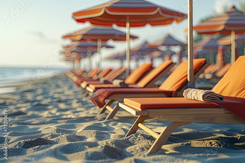 Outdoor furniture lounge chairs umbrellas on beach