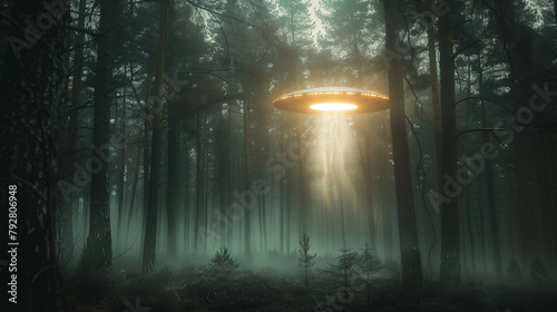 Ufo in the woods with a light beam illuminating the darkness