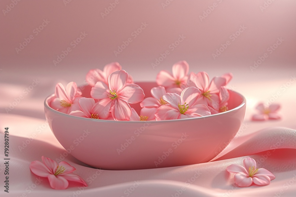 Gentle pink cherry blossoms in a soft white bowl, resting on a smooth silky draped fabric with soft lighting Gentle pink cherry blossoms in a soft white bowl, resting on a smooth silky draped fabric with soft lighting