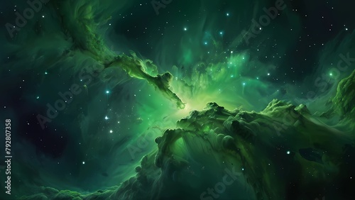 Background with space nebula in black and green tones. green universe, endless space