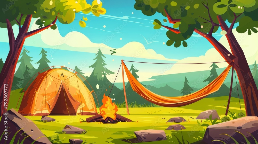 Animated cartoon of a glamping camp, with tent, bonfire, hammock, green grass, stones, trees, equipment for outdoor picnics.