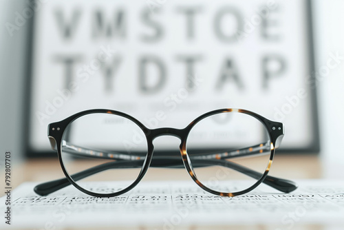 Glasses on eye test chart background.