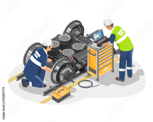 Electric train engine motor Preventing maintenance concept Engineer and mechanic work together in garage station isometric isolated vector