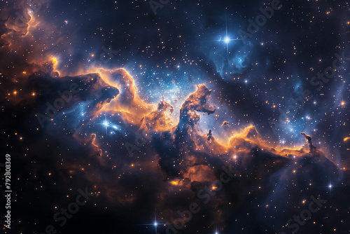 Digital artwork depicting a swirling cloud of cosmic dust peppered with a dense field of stars in space.