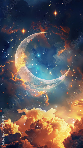 Illustration of crescent moon with stars and space #792808533