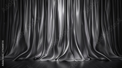 A realistic stage floor background with silver silk curtain modern illustration. Design for theater interior with black cloth sheet and drapes. Dark grayscale satin material for advertising or