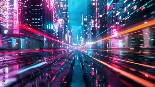 A cityscape with neon lights and a train running through it