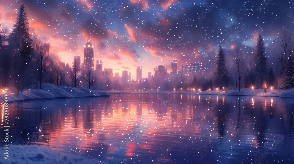 A snowy Merry Christmas background with a peaceful winter scene, featuring snow-covered mountains, a frozen river, and a bright starry sky.