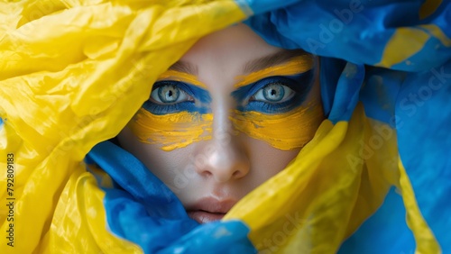 Schönes Gesicht einer Frau mit Ukrainischer Flagge im Gesicht als Bemahlung in Nahaufnahme, ai generativ photo