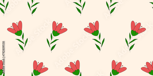 Seamless pattern with blossom red tulips or meadow flowers on beige, doodle style vector