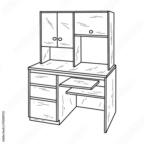  Sketch  of computer desk with cabinet, isolated vector