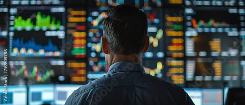 The top trader analyzes projected ticker numbers and graphs running as he looks at projected ticker numbers and graphs. Behind him is a room full of charts and statistics. photo